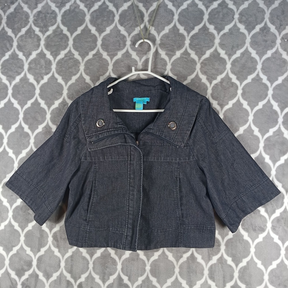 Sandro Sportswear Jacket Women Large Charcoal Cropped Denim Short Sleeve Layer
